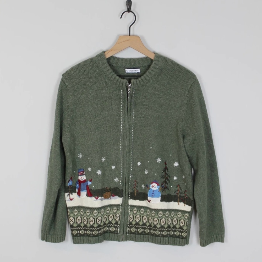 Vintage Knit Snowmen Landscape Cardigan Sweater